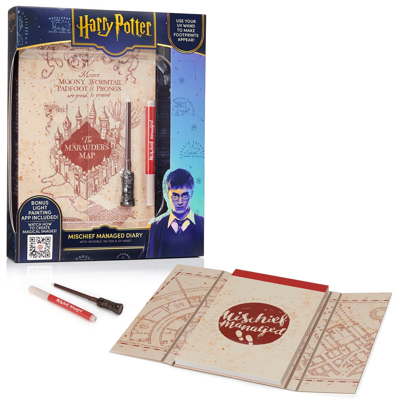 Wizarding World: Mischief Managed Diary - Marauders Map Secret Flip-Pad Notebook, Invisible Ink Pen, Mini UV Reveal Wand, Collectible Harry Potter Set